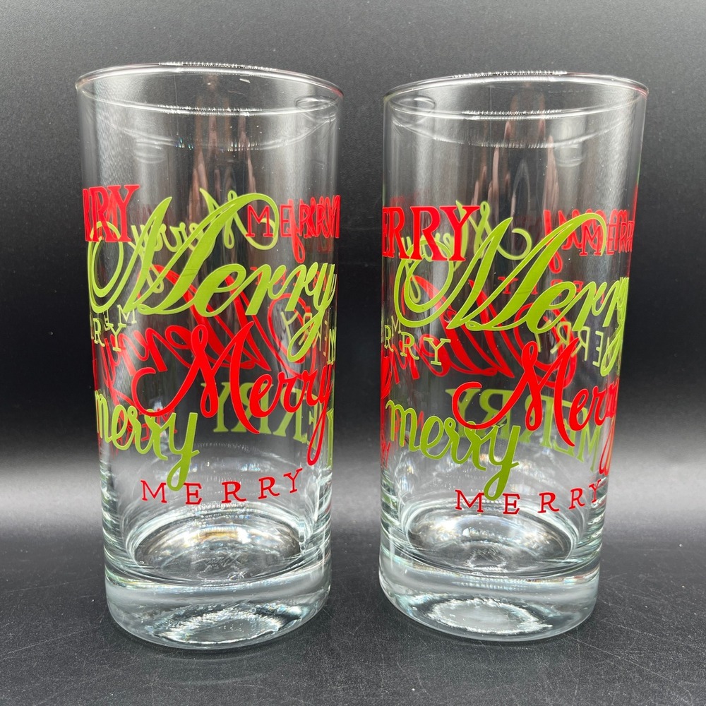 Set of 2 Vtg CRISA Christmas Merry Highball Glasses Red Green Holiday Tumblers